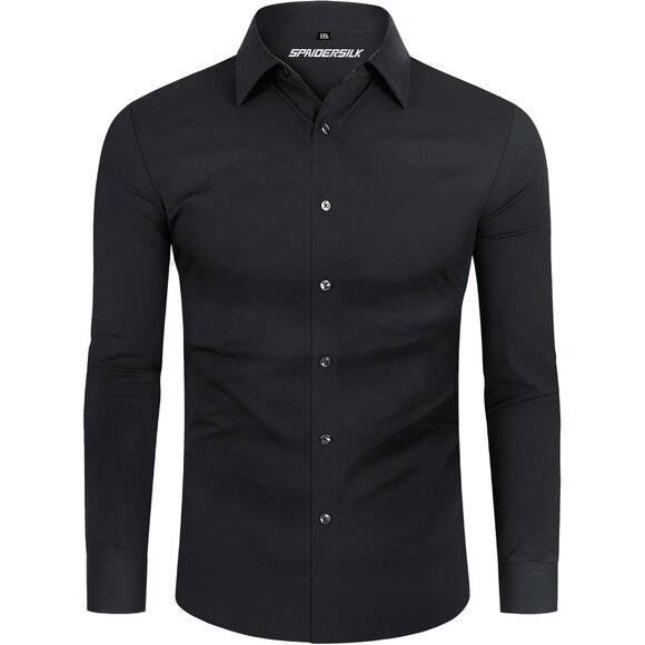 Men's Black Long Sleeve Slim Muscle Fit Wrinkle Free Button Down Dress Shirts - Picture 8 of 9